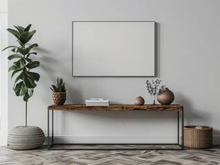 3d render mockup of A white wall with a black framed mirror and a white framed television