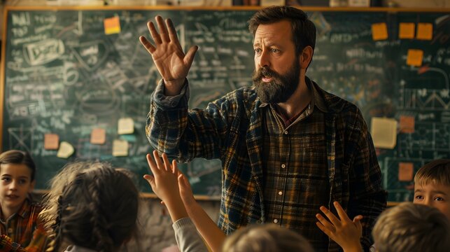 A teacher explaining on a chalkboard, students raising hands - Powered by Adobe