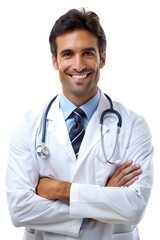 A dentist, pediatrician, surgeon holds a stethoscope and smiles confidently, isolated background