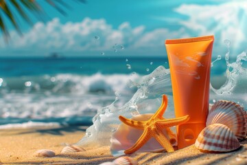 An image of sunscreen lotion, shells, and starfish on a sandy beach. Summer beach concept, UVA and UVB protection cosmetics. Mock-up with copy space.
