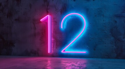Pink and blue neon number twelve on a concrete wall