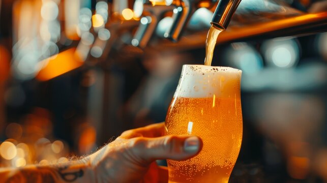 Close up of beer pouring into glass at a bar