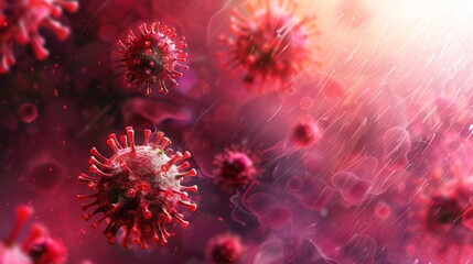 Red virus particles floating in pink background with light