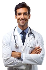 Fototapeta premium A dentist, pediatrician, surgeon holds a stethoscope and smiles confidently, isolated background