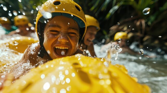 A young child wearing a yellow helmet is joyfully enjoying a rafting adventure, splashing through water with a big smile on their face, conveying excitement and fun.
