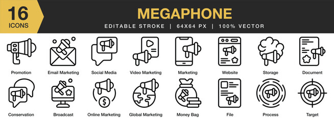 Set of 16 Megaphone icon set. Editable Stroke Icon Collection. Includes broadcast, conservation, global marketing, online marketing, money bag, target, and More. Outline icons vector collection.