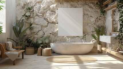 3d render mockup of A bathroom with a large white bathtub and a white wall