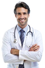 Fototapeta premium A dentist, pediatrician, surgeon holds a stethoscope and smiles confidently, isolated background