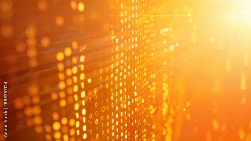 Poster A digital data stream of binary code is shown in a blurred and abstract style, with a warm orange glow and a bright light source off to the right.