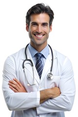 Fototapeta premium A dentist, pediatrician, surgeon holds a stethoscope and smiles confidently, isolated background