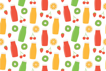 seamless pattern with colorful smoothies and fruits- vector illustration