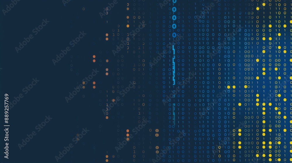 Poster A blue and dark blue background with a binary code pattern and scattered yellow and orange circles.