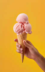 Ice cream, summer concept. Hand holding Ice cream with waffle cone, scoops on bright vibrant color pastel solid background. Summer creative layout, ice cream minimal fashion idea. Realistic photo