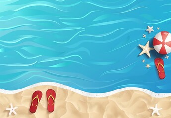 Summer water surface background with ocean, sea, pool, swim ring, beach ball, palm leaf, and swim ring. Illustration for a book cover, promotion, or sale.