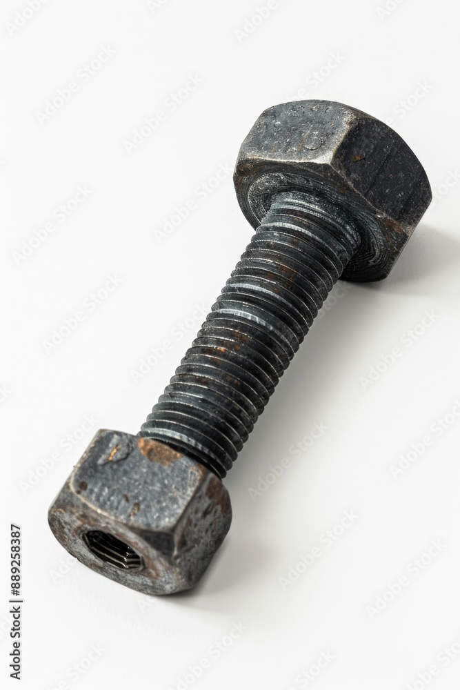Poster a detailed image of a bolt on a white surface, ideal for use in industrial or technical contexts