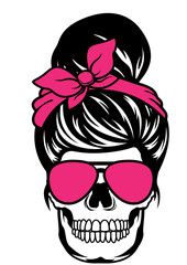 Mom life | Hair Bun | Skull Woman | Fashion skeleton Mom | Woman with Glasses | Messy Bun Hair | Hair Style | Death Fashion | Original Illustration | Vector and Clipart | Cutfile and Stencil