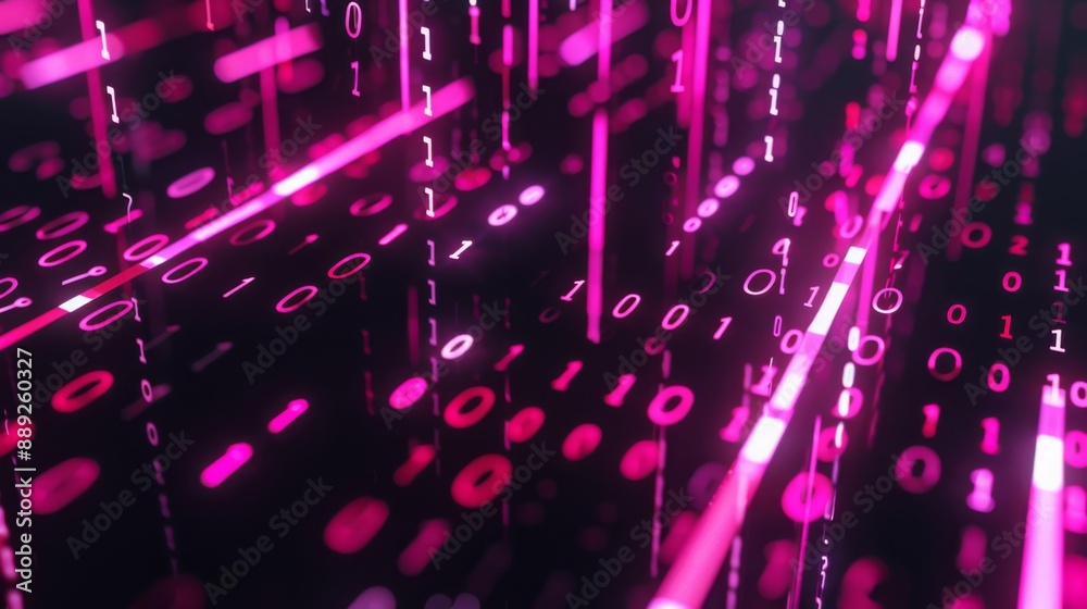 Poster Pink binary code floats through a dark space, creating a digital and abstract background.