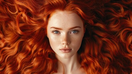 Beautiful female model with long red wavy curls. Ai generated image