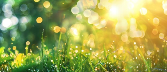 Grass with water drops on a green background bright with sunlight. Summer meadow sunrise. Creative banner. Image by Copyspace