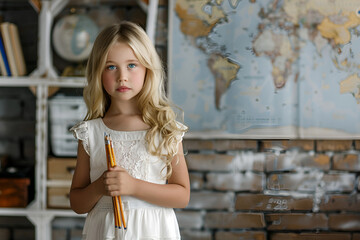 Schoolgirl holding pencils in a classroom with a world map in the background, back to school