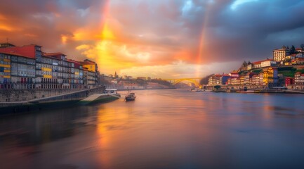 Obraz premium Picturesque sunset over colorful waterfront buildings and a river with a rainbow