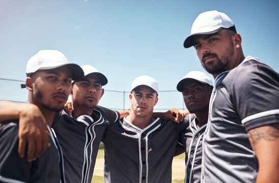 Sport, baseball and team huddle together for support, motivation and solidarity in portrait. Face, softball and group of men at field for game plan, diversity and cooperation at competition outdoor