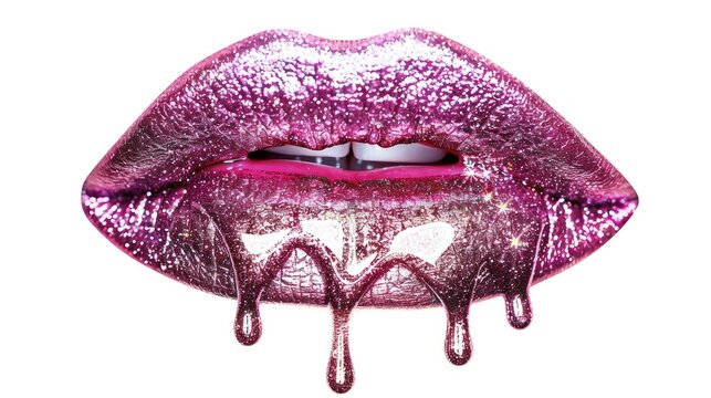 A close up shot of a pink lip with dripping liquid, ideal for use in beauty and cosmetics related contexts