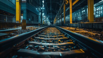 Fototapeta premium AI generator image of Running train wheels, tracks, night, Tokyo, low angle, cinematic