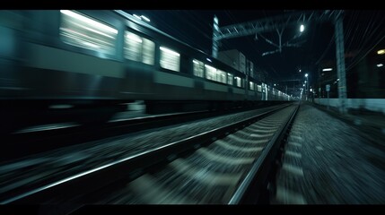 Fototapeta premium AI generator image of Running train wheels, tracks, night, Tokyo, low angle, cinematic