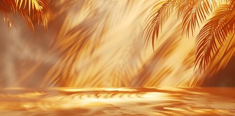 Product podium display with orange background and tree shadow, 3D render illustration of a summer product mockup