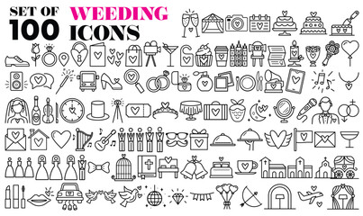Wedding, marriage, icon set, Simple Set of Wedding Related Vector Line Icons. Contains such Icons as Bride Dress, Balloons, Rings, Brougham, Love Hearts, Gift, Invitation
