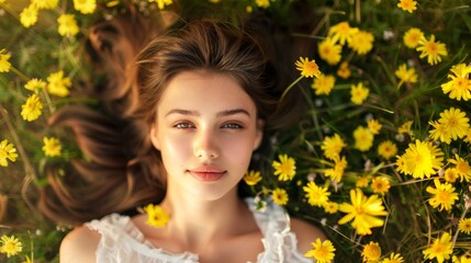 Naklejka premium Top view of stunning woman lying on grass among yellow flowers spring concept Beautiful girl on the spring grass