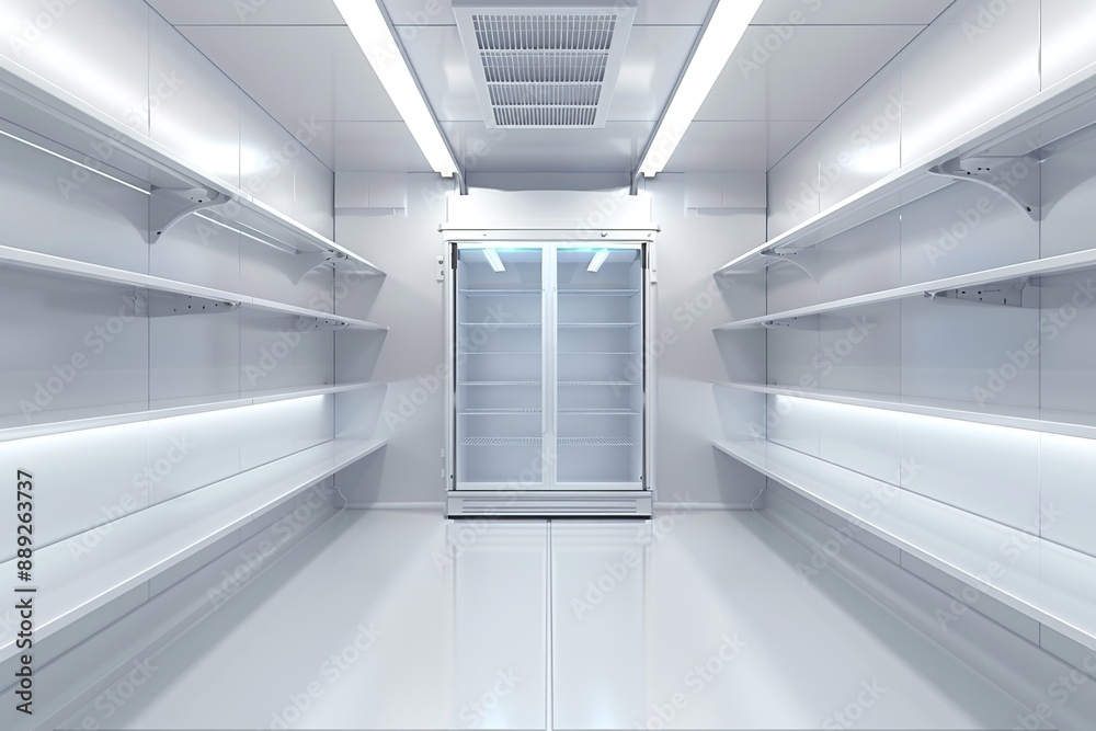 Sticker compact industrial cold room inside, on both sides, small, neat white shelves, without any items