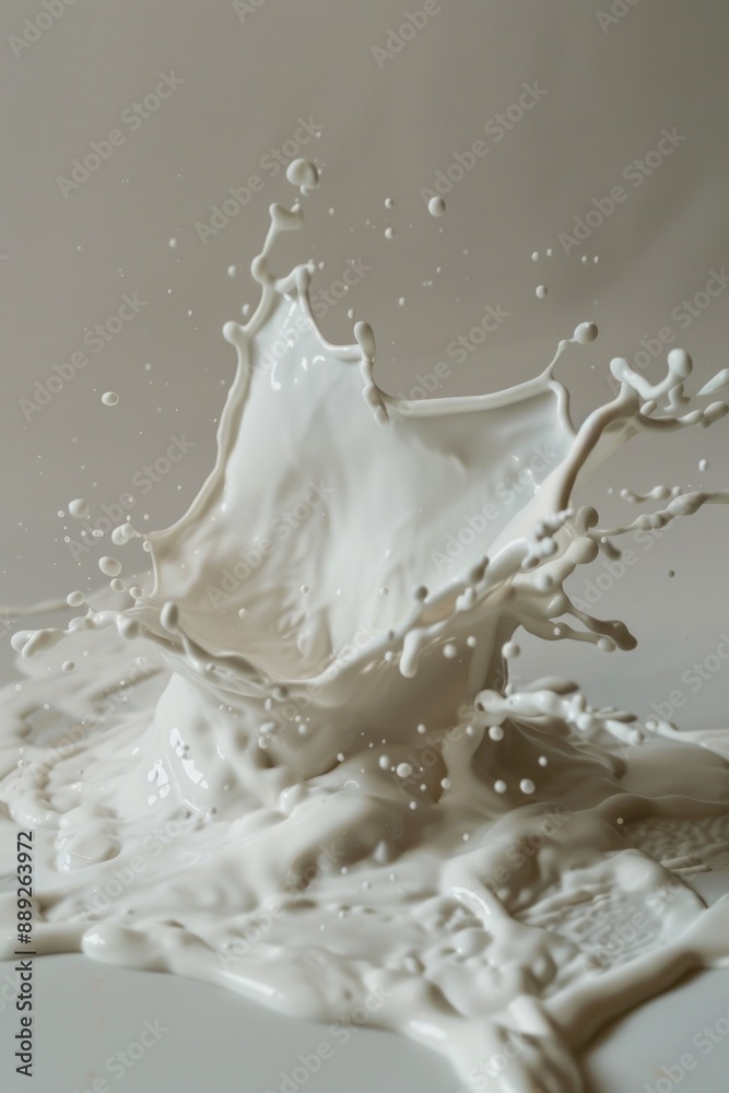 Poster a close-up shot of a splash of milk on a white surface, suitable for use in advertisements, packagin