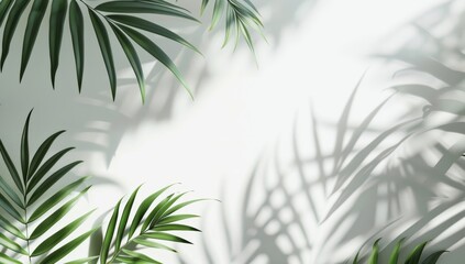 A minimalist white counter podium, soft sunshine, tropical palm foliage leaf shadows, for a luxury skincare, cosmetic, and beauty product background.