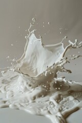 A close-up shot of a splash of milk on a white surface, suitable for use in advertisements, packaging design and more