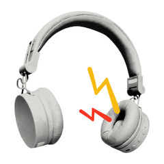 Trendy music collage element. Vintage halftone headphones with doodle sound. Modern retro grunge vector illustration on transparent background © ugguggu