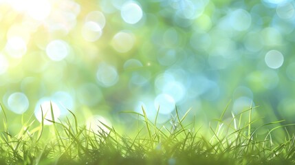 Obraz premium This is a sunny spring meadow with green grass and blue skies. An abstract background with light bokeh and space for text is included.