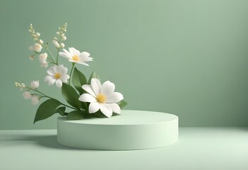 3D rendering flower background Green color with geometric shape podium for product display, minimal concept, Premium illustration pastel floral elements, beauty, cosmetic, valentines day