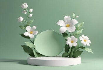 3D rendering flower background Green color with geometric shape podium for product display, minimal concept, Premium illustration pastel floral elements, beauty, cosmetic, valentines day