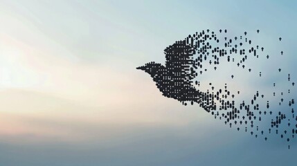 A stylized bird silhouette made of black dots flies against a pastel sky with the sun setting in the distance.