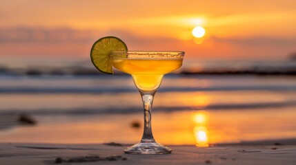 Margarita cocktail with blurred beach background for text placement