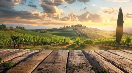 An empty wooden table for displaying products. A blurry French vineyard is seen in the background.