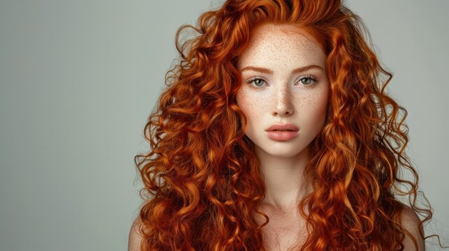 Beautiful female model with long red wavy curls. Ai generated image