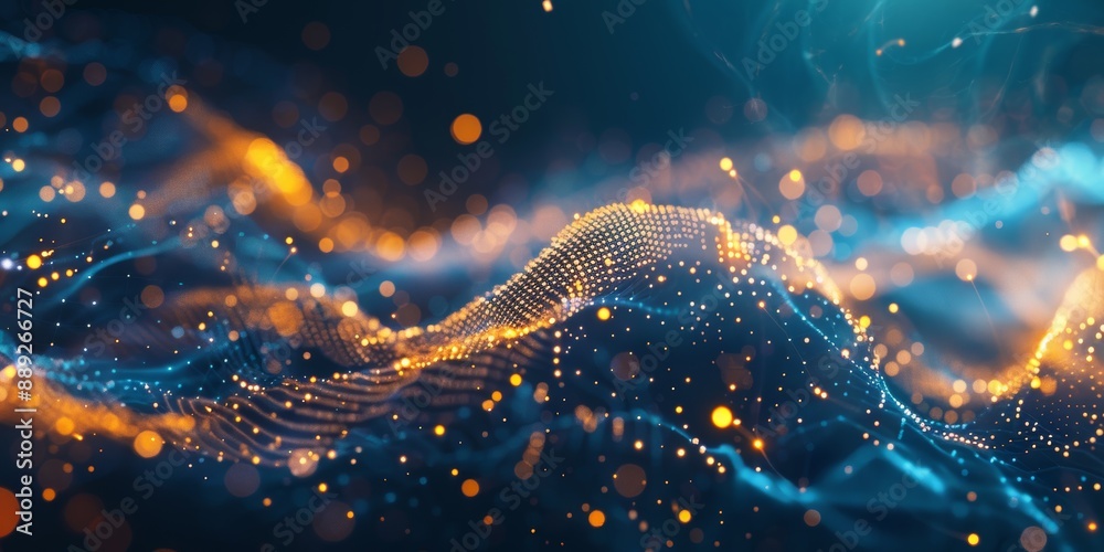 Poster glowing orange and blue digital particles form a futuristic landscape with a sense of depth and move