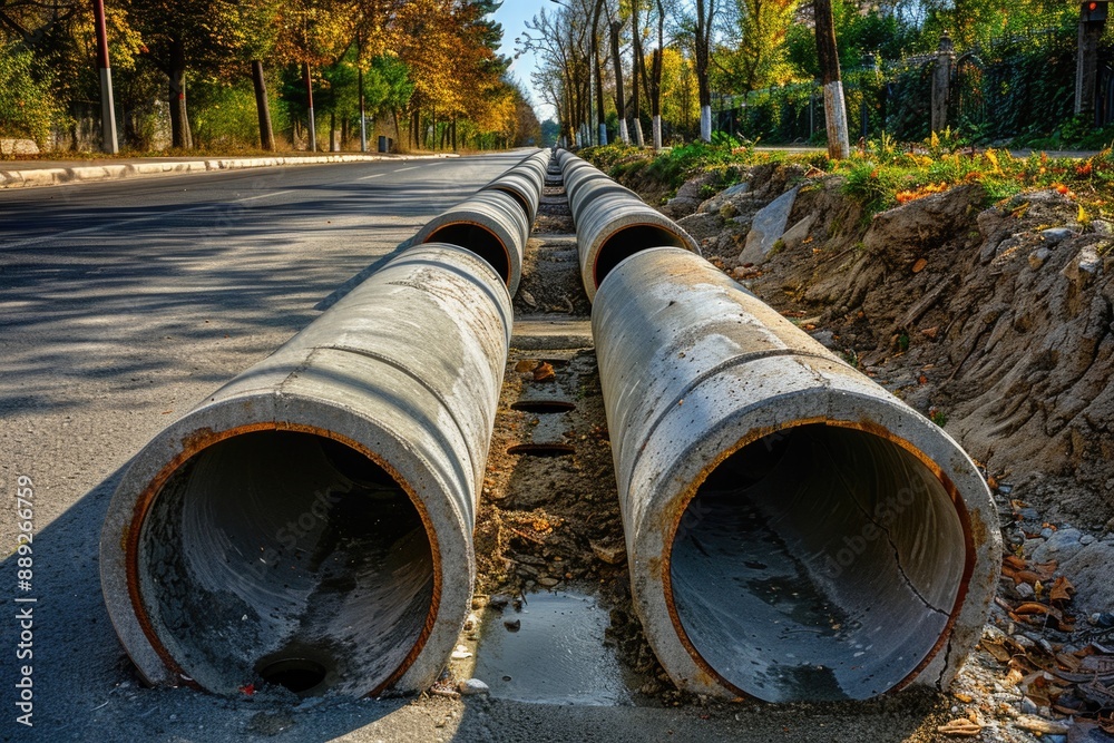 Poster two pipes leaning against the roadside with a rustic background, suitable for use in editorial or co