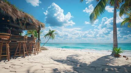 The beach has a tiki bar, a wooden hut with tribal masks, drinks, and snacks. A modern cartoon tropical landscape with the sea and palm trees is close to a cafe serving cocktails.