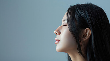 A beautiful girl of Asian appearance with dark long hair stands in profile against a plain background. Beautiful studio photography