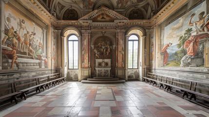 Empty Chapel With Fresco Murals and Benches in an Italian Palace