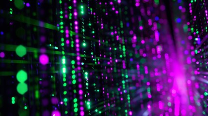 A close-up view of abstract light patterns. The background is dark, with strings of green and purple lights, creating a sense of depth and movement. The lights are blurred, creating a bokeh effect.